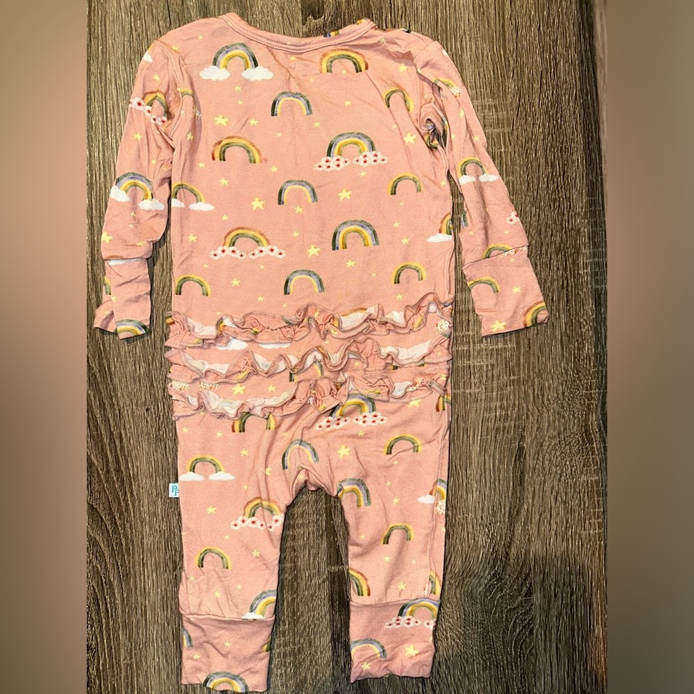Posh Peanut 6-9m Snap Ruffle Romper Peach Rainbows